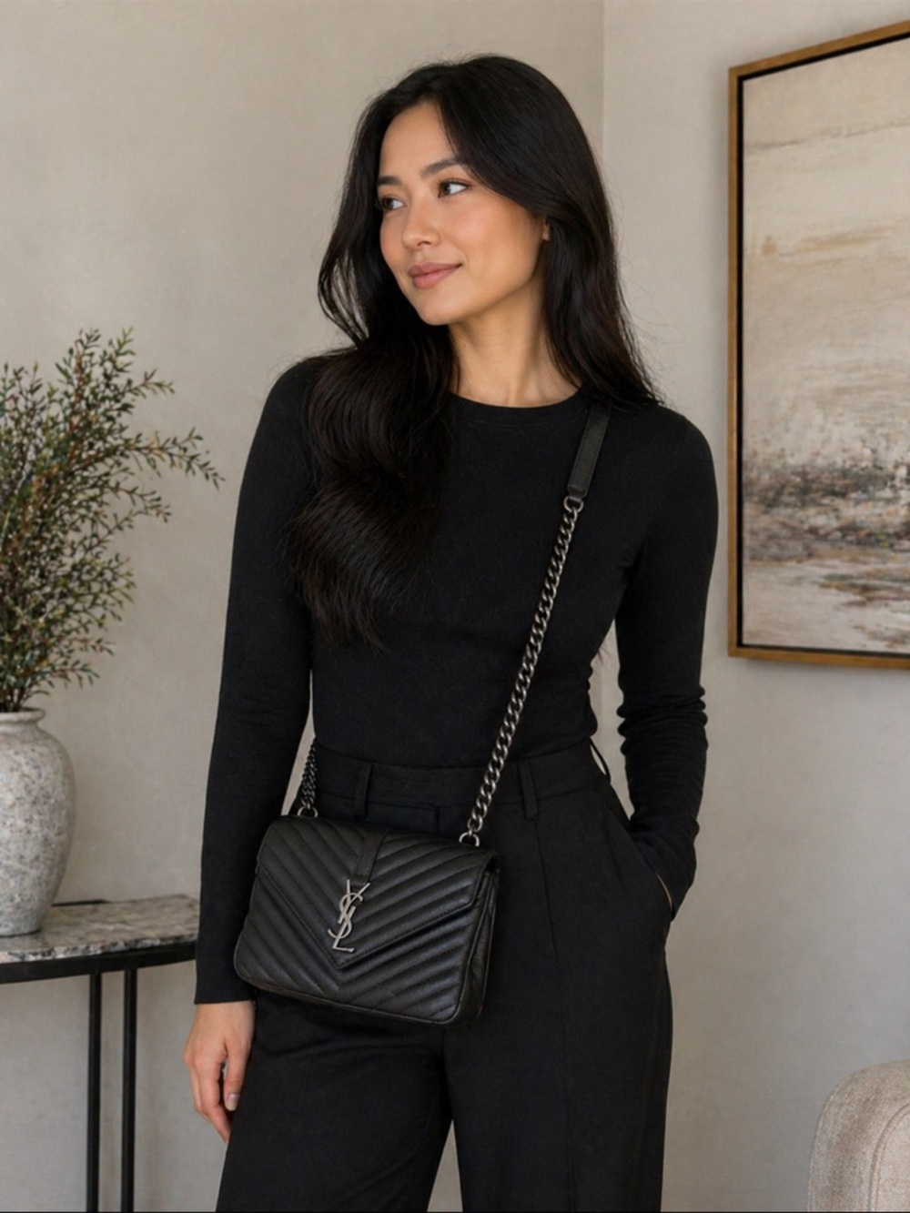 Yves Saint Laurent Black Quilted Crossbody with Silver Chain